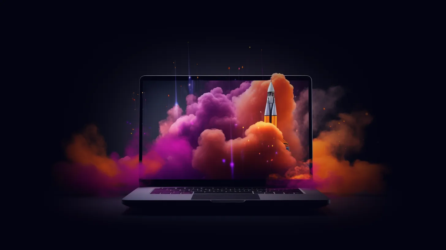 A laptop with a rocket ship on the screen and colorful smoke surrounding it